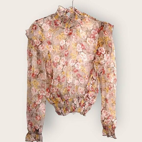 L.I.F.E Womens Blouse Sz XL Sheer Floral Print Romantic Swiftie Elastic Coquette - Picture 2 of 13